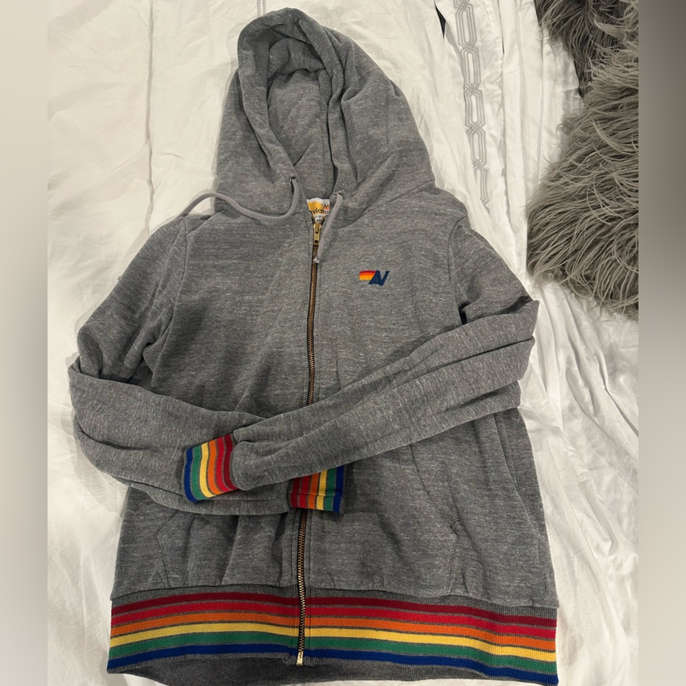 Aviator Nation Gray Hoodie with Rainbow trim
